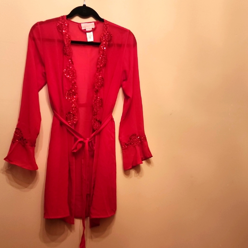 Red Sheer Robe with Sequin Details